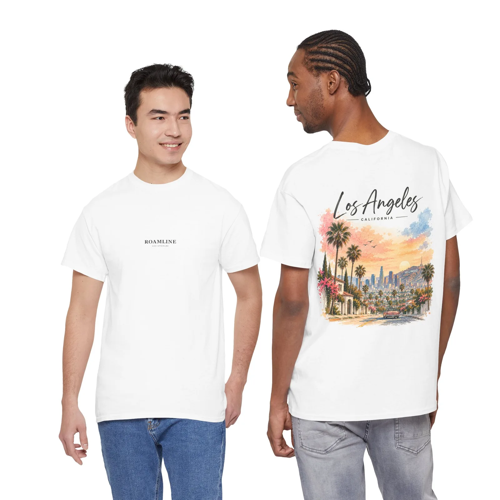 Two people in the Los Angeles Golden Hour T-shirt, one showing the chest logo, the other the back print