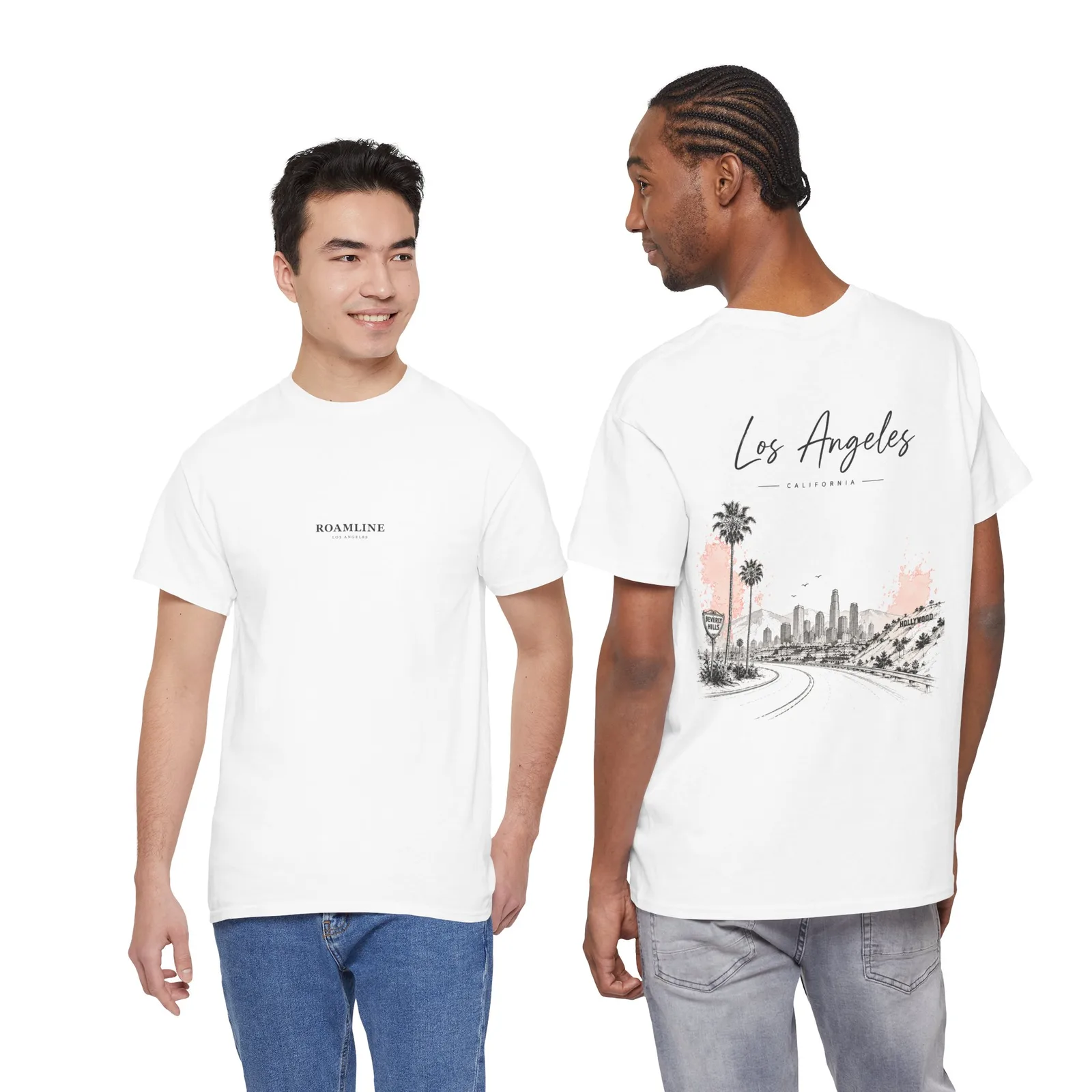Dos personas con la camiseta Los Ángeles Minimalist: una muestra el logo del pecho y la otra, la ilustración de la espalda