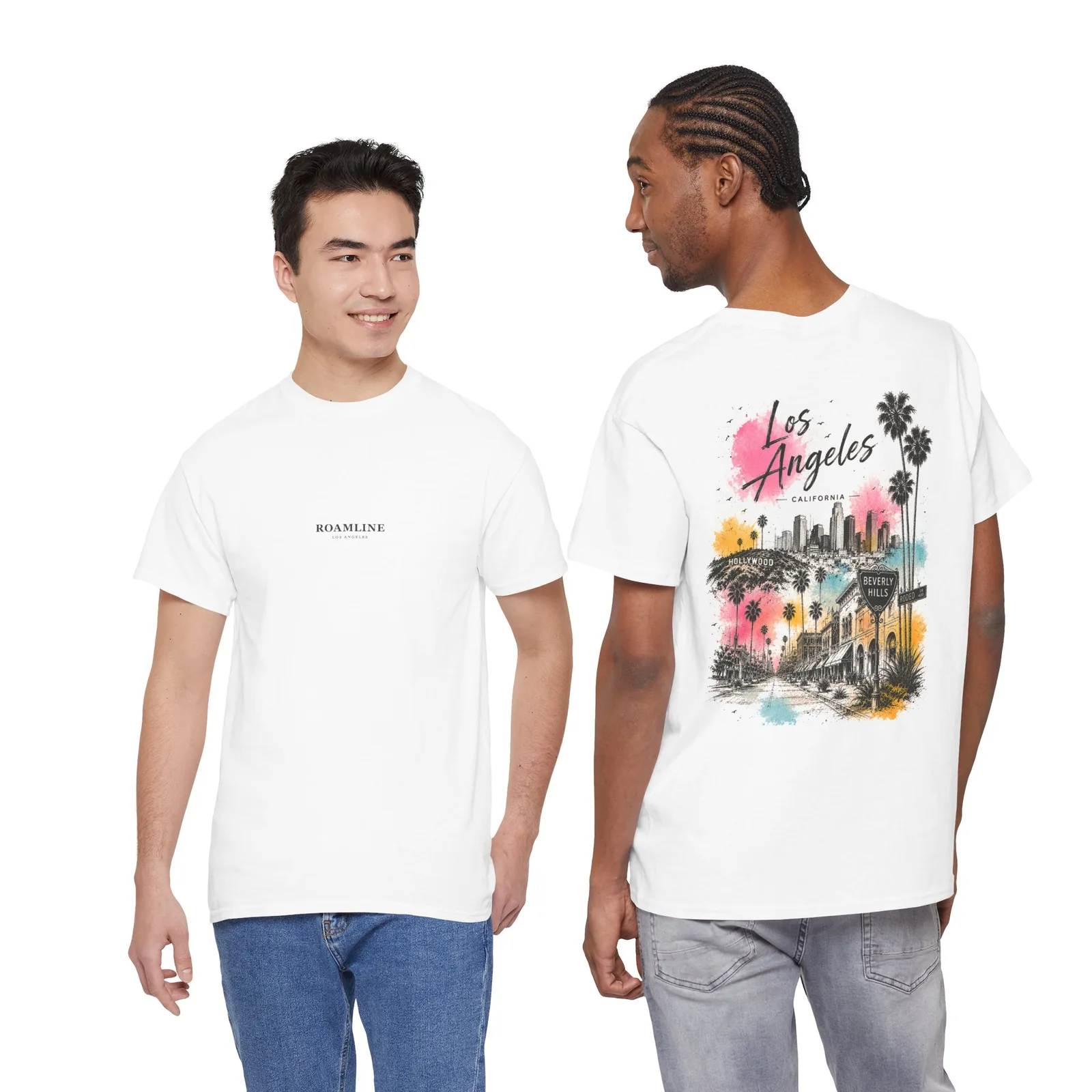 Two people in the Los Angeles Vibrant T-shirt, one showing the chest logo, the other the back print