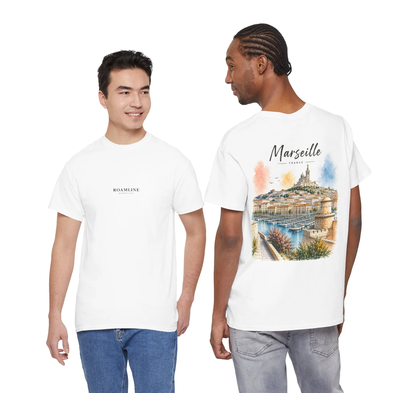 Two people in the Marseille Golden Hour T-shirt, one showing the chest logo, the other the back print