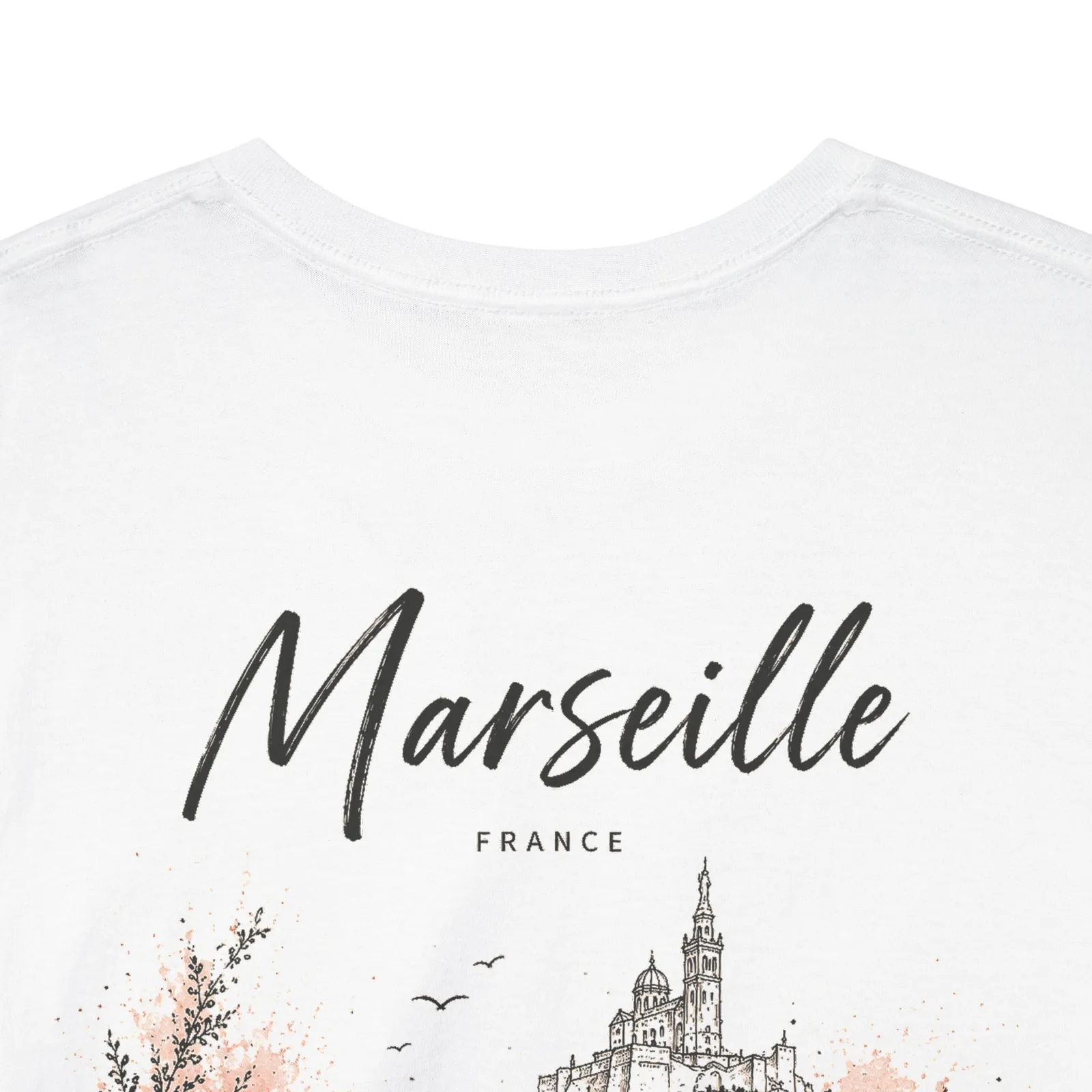Close-up of the Marseille Minimalist print, just below the collar