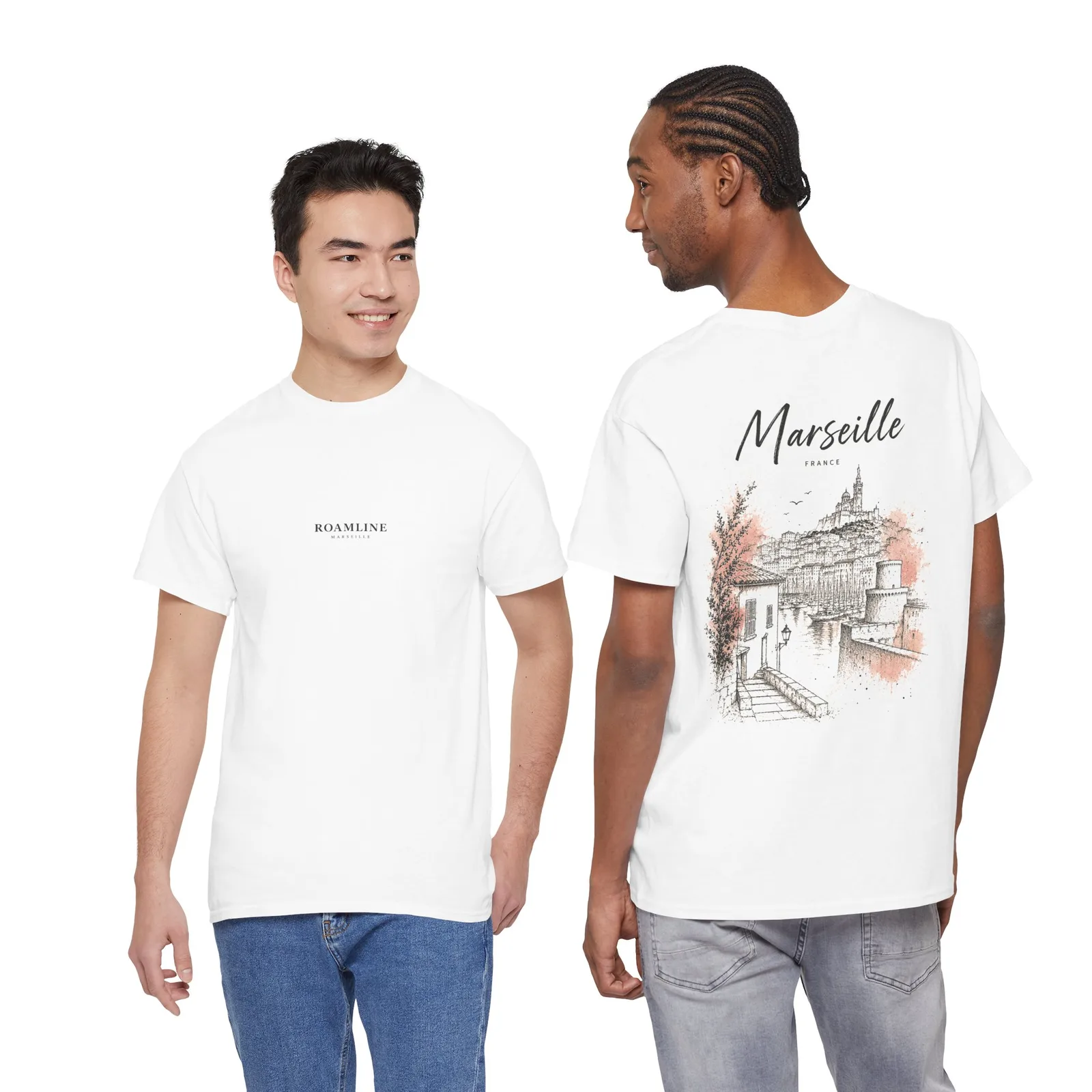 Two people in the Marseille Minimalist T-shirt, one showing the chest logo, the other the back print