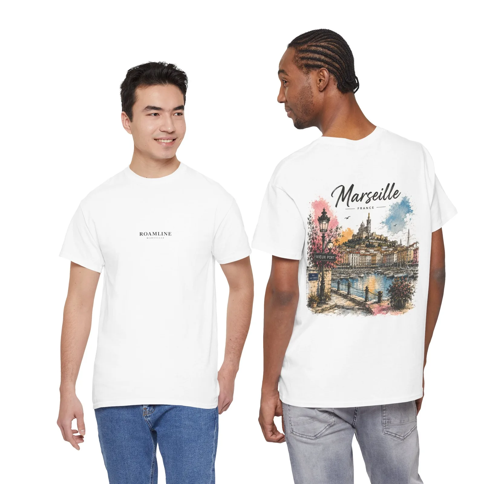 Two people in the Marseille Vibrant T-shirt, one showing the chest logo, the other the back print