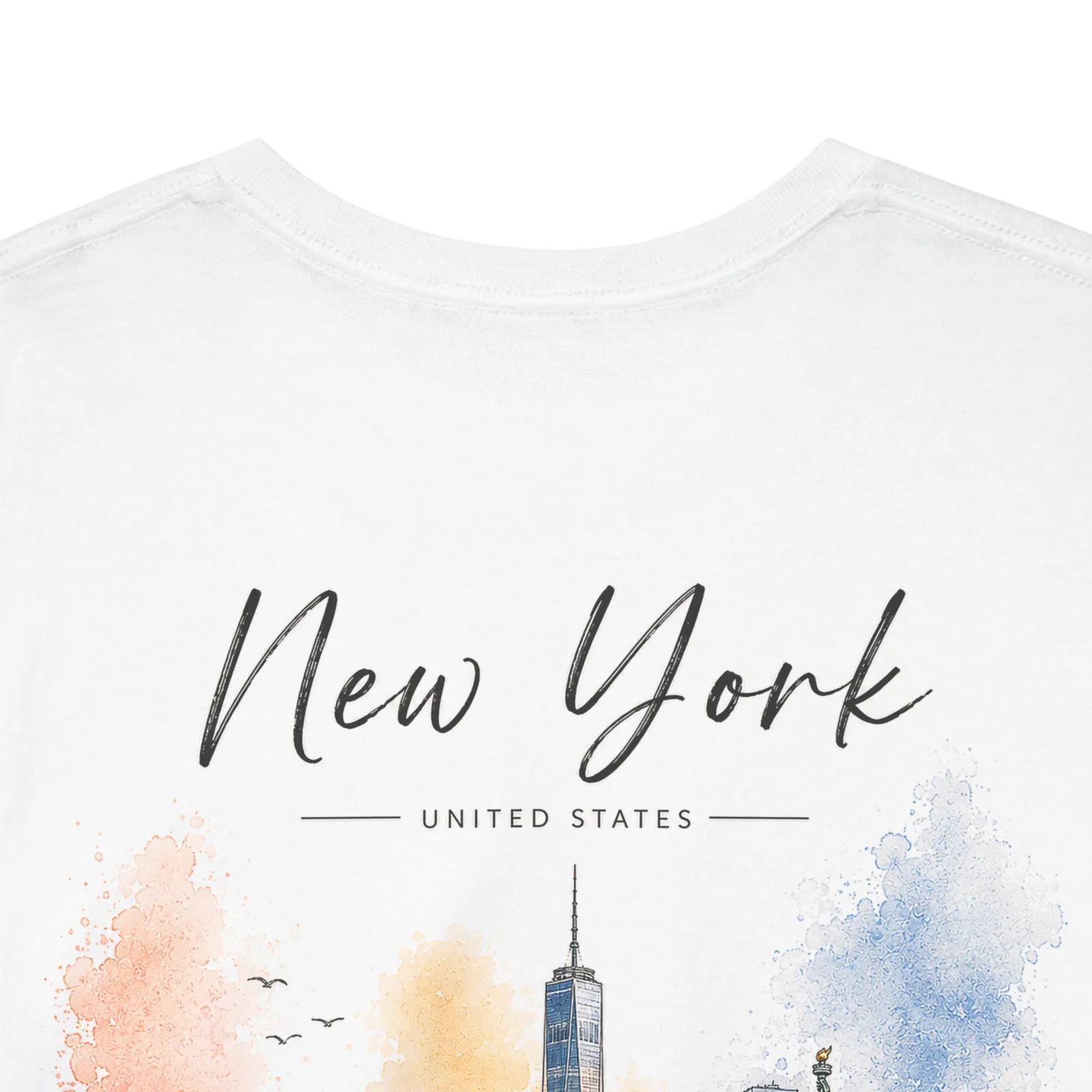 Close-up of the New York Golden Hour print, just below the collar