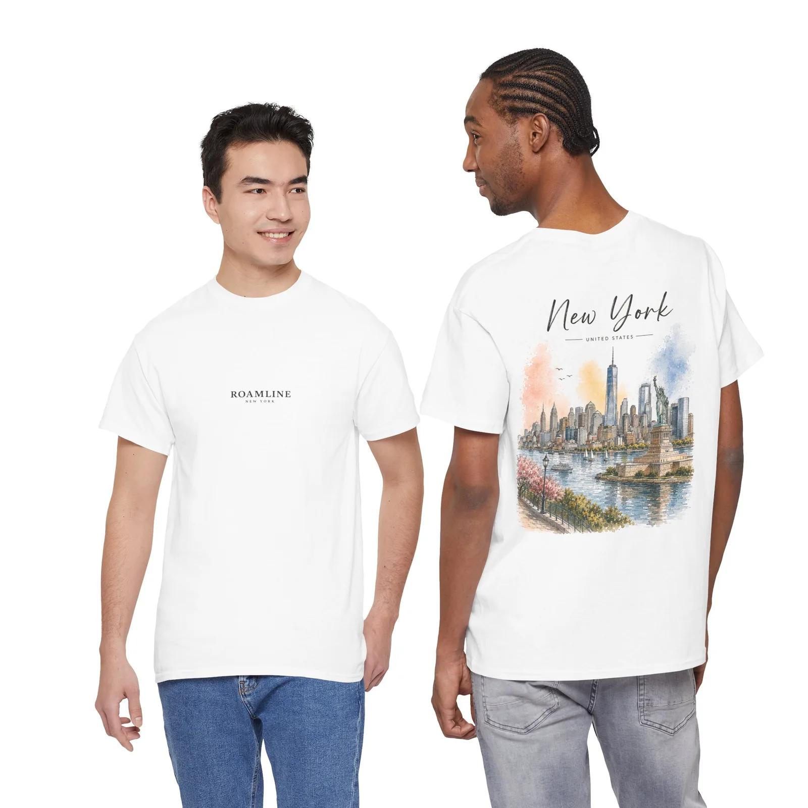Two people in the New York Golden Hour T-shirt, one showing the chest logo, the other the back print