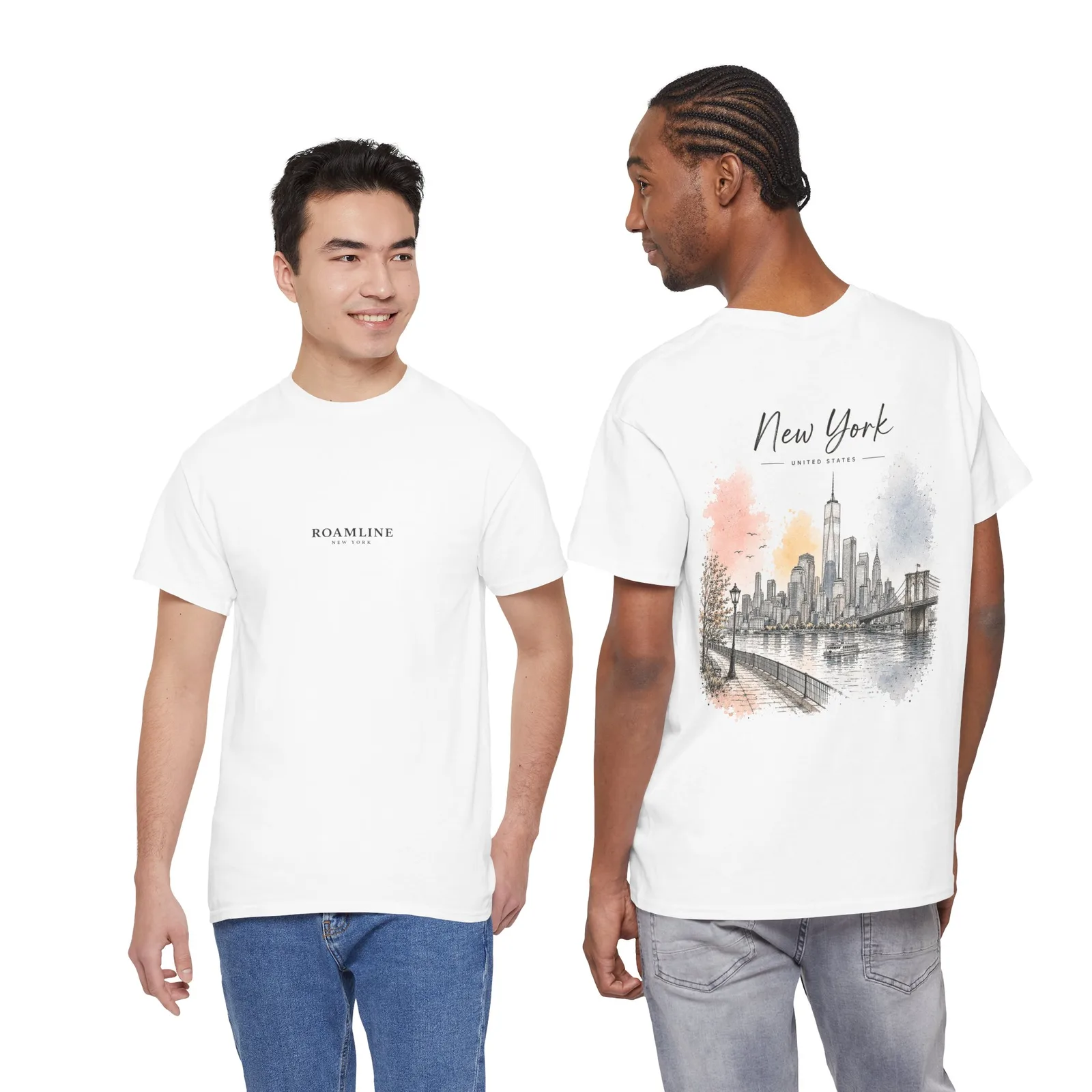 Two people in the New York Minimalist T-shirt, one showing the chest logo, the other the back print