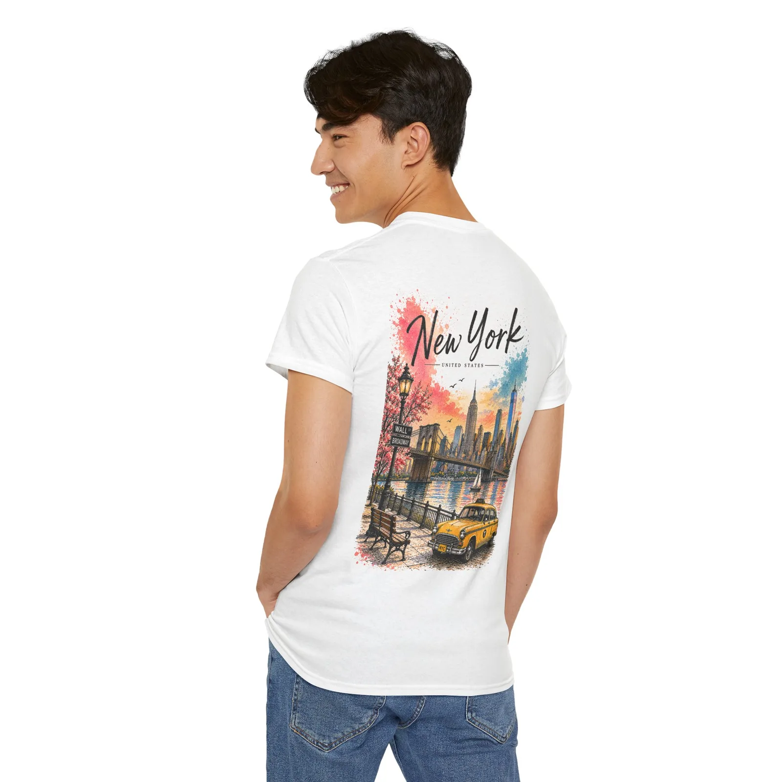 New York Vibrant T-shirt, worn, back print seen over the shoulder