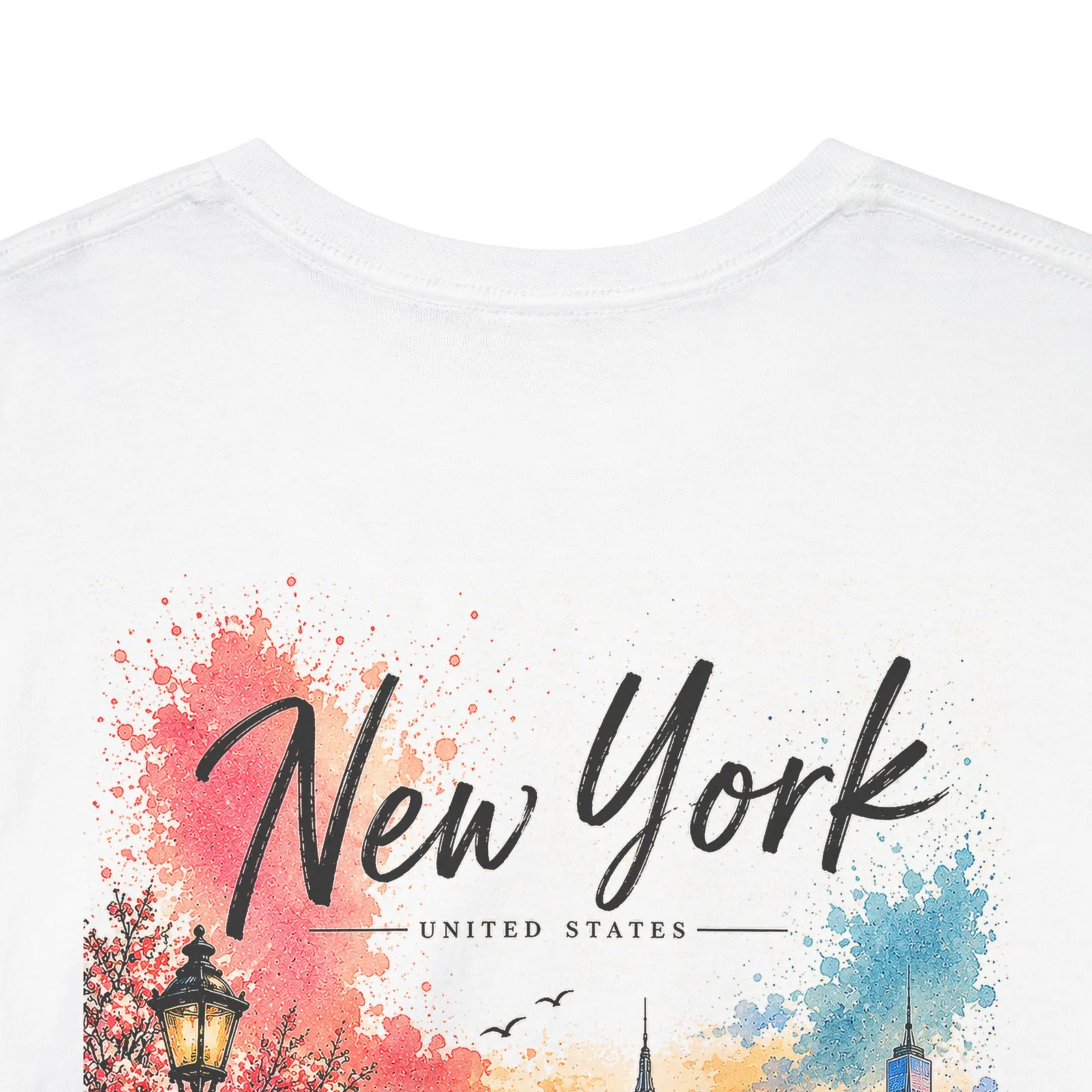 Close-up of the New York Vibrant print, just below the collar