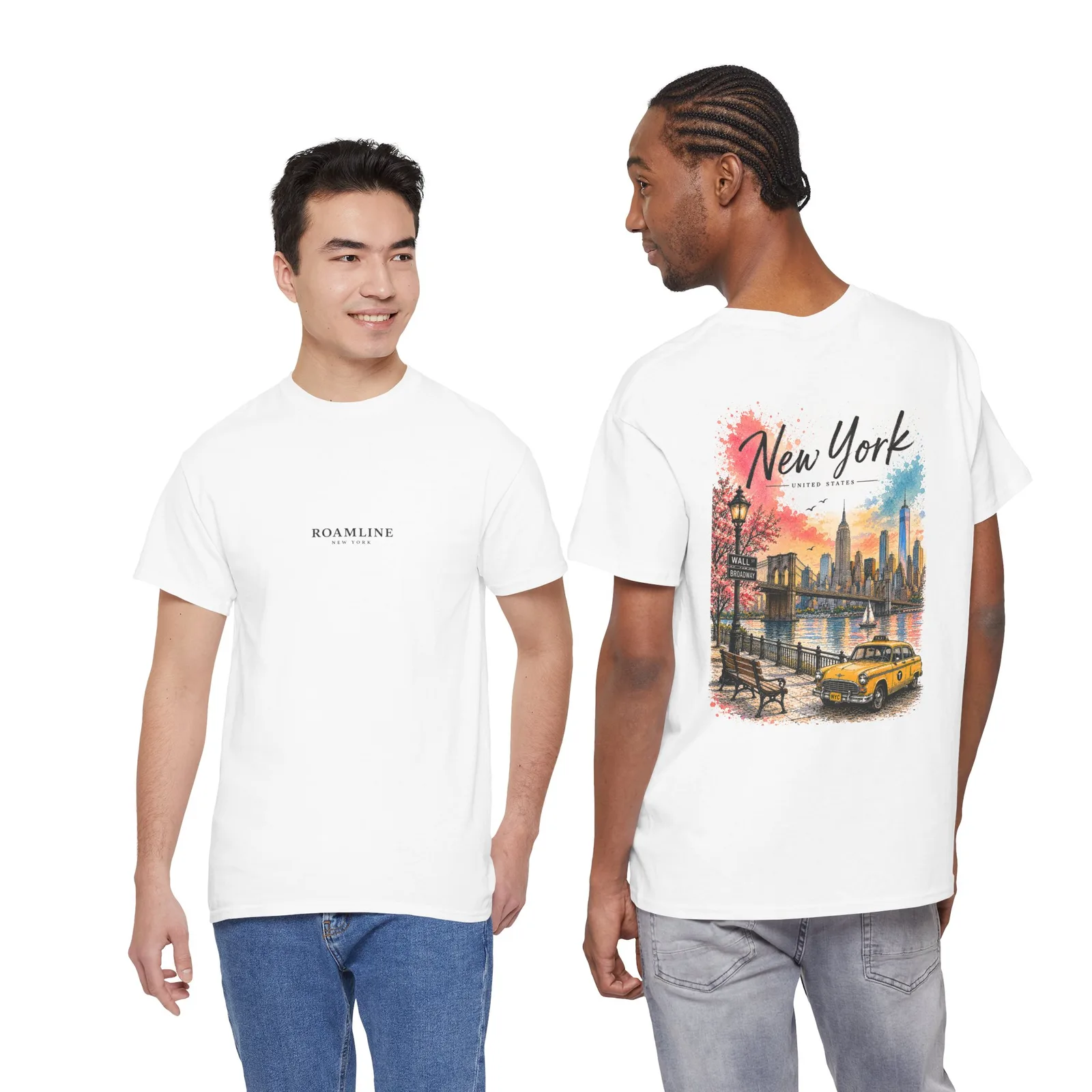 Two people in the New York Vibrant T-shirt, one showing the chest logo, the other the back print