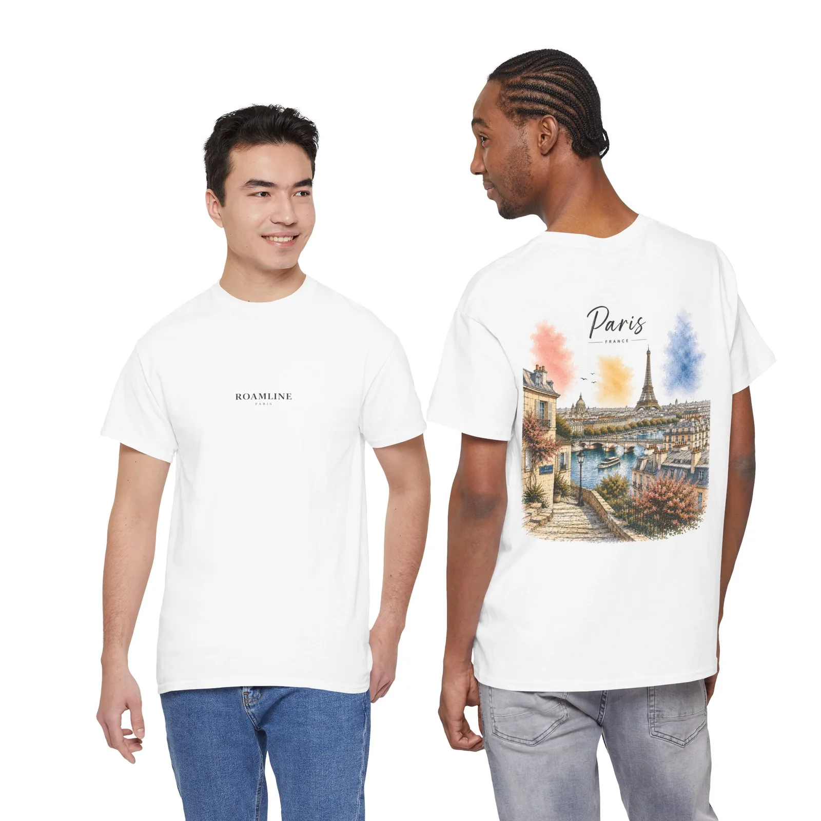 Two people in the Paris Golden Hour T-shirt, one showing the chest logo, the other the back print