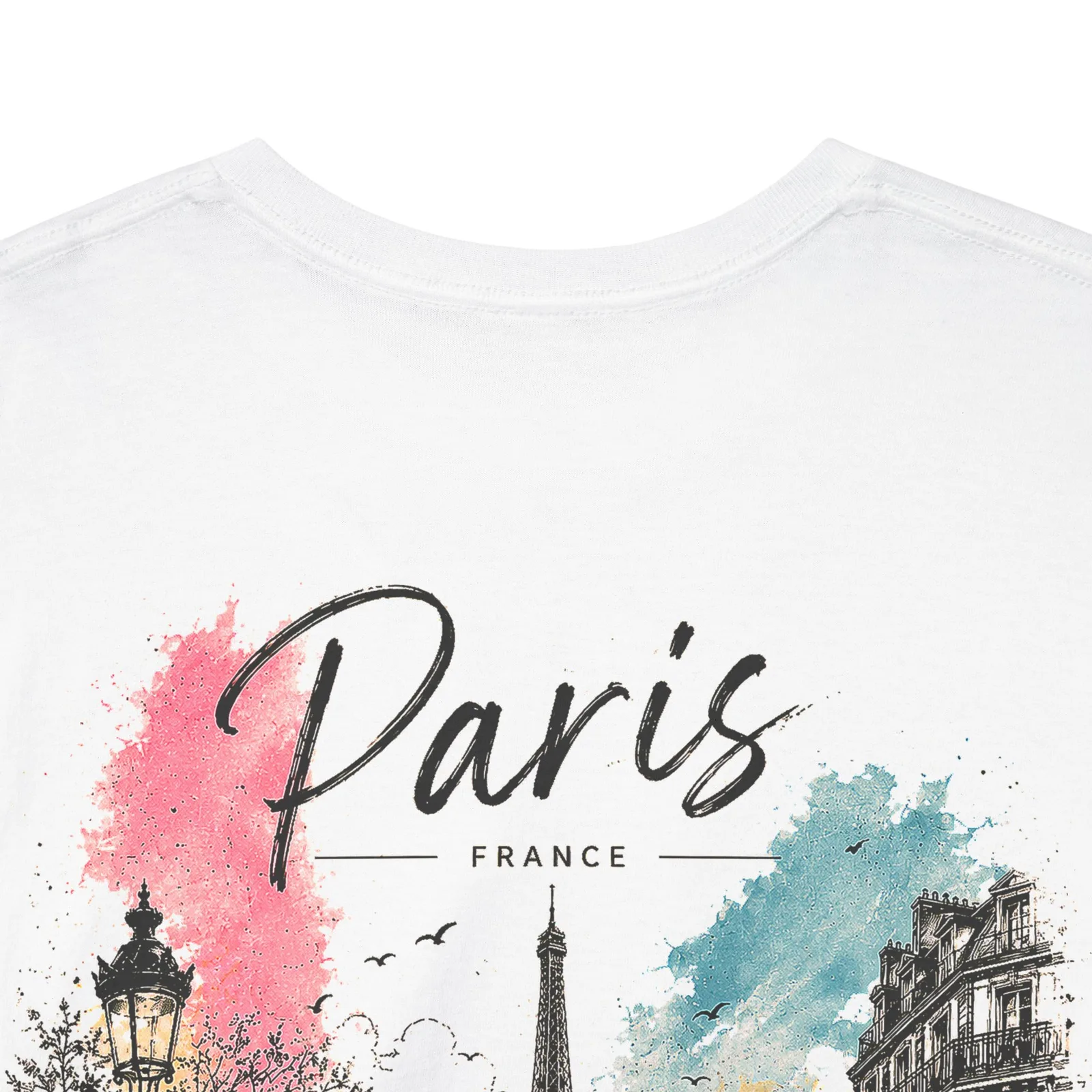 Close-up of the Paris Vibrant print, just below the collar